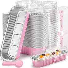 100 Pack Mini Loaf Pans With Lids Rectangle Individual Cake Pans Aluminum Foil Pans For Large Gatherings Picnics Vacations Parties (Pink, 6.8 OZ) - 彩色 - 查看 8