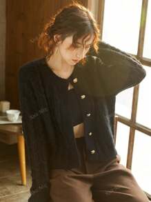 Knit Mix Women's Solid Color Simple Round Neck Knitted Cardigan For Daily Wear