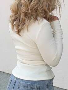 Jeta Ari Ribbed Button Through Long Sleeve Crew Neck Top Casual Summer Spring Vacation Capsule Wardrobe Everyday - White - View 9