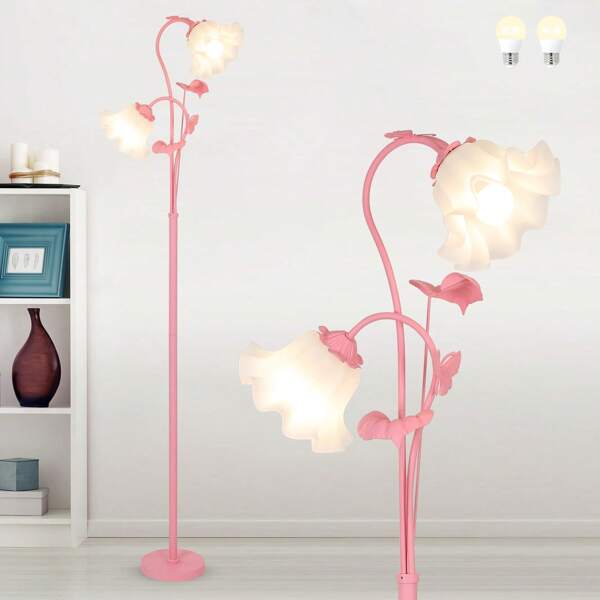 Lampadaire rose pour le salon, lampadaire abat-jour fleur 2 lumières avec ampoule LED, lampe fleur de muguet, lampadaire fleur, lampadaire moderne pour la chambre, la chambre d'enfant ou le bureau [Classe énergétique F]