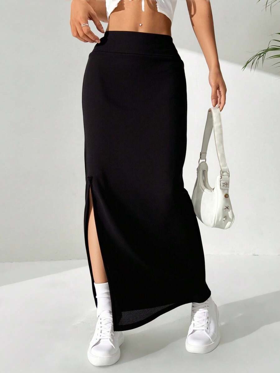 Falda midi con abertura v en el costado ligera cómoda sencilla