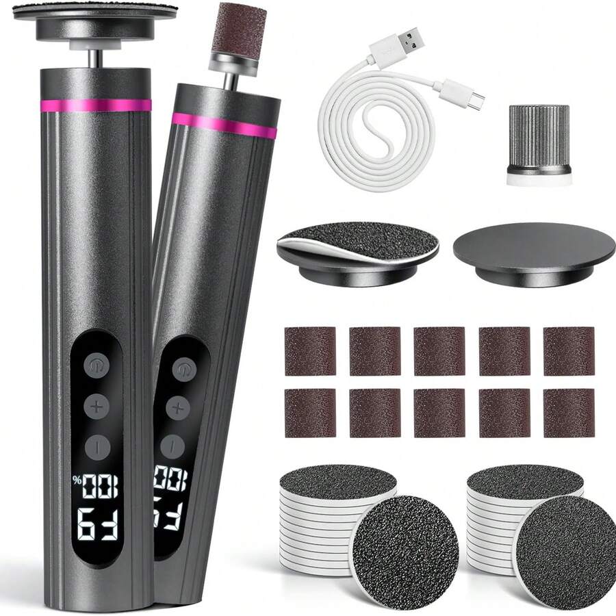 1PC Pink/Grey Electric Foot File Callus Remover - Professional Cordless Foot Sander For Cracked Heels & Dead Skin, 9-Speed Pedicure Tool With LED Display & Fast Charging Gift-Ready For Women - Grey - View 1