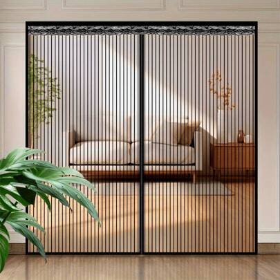 AIYYIPA 1pc Extra Large Magnetic Black Striped Mosquito Net Curtain, Summer Lace Design Magnetic Screen Door, Breathable & Easy Installation, Suitable For Living Room, Bedroom, Kitchen Divider Curtain, Curtain Decor
