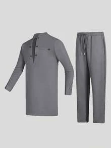 2pcs/Set Men's White Dashiki Outfit, Double-Breasted Decor, V-Shaped Contrast Splice, Round Neck, Long Sleeve, Slit Hem, Elastic Waist Pants, African Clothing, Men's Casual Shirt & Pants Set, New Arrival, Streetwear, Party, Date, Wedding, Cultural Events, Traditional Ceremonies