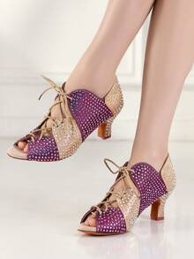 Women's Glitter Latin Dance Shoes Rhinestone Design Lace-Up Dance Sandals Ballroom Dance Shoes Salsa Performance Ballroom Dance Sandals Party Dance Shoes - Purple - View 5