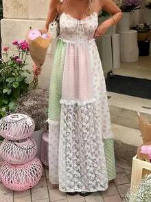 Boho Maxi Dresses For Women Summer Backless Cami Long Dress Vintage Floral Printed Lace Patchwork Spaghtti Strap Dress Color Block Flowy A-Line Casual Sundress Beach Vacation Dresses Clothes Outfit - 綠色 - 查看 1