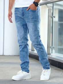 Regular Fit Men Classic Denim Jeans - Soft Slight Stretch Fabric, Washed Solid Color, All-Season Comfortable Basics For Teen - Woven, No Sheer, Regular Length
