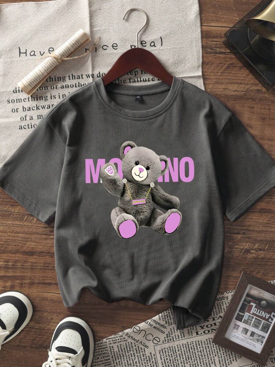 Koszulka z krótkim rękawem dla dziewcząt z nadrukiem graficznym, wygodna i modna letnia góra, odzież dla uczniów/młodzieży