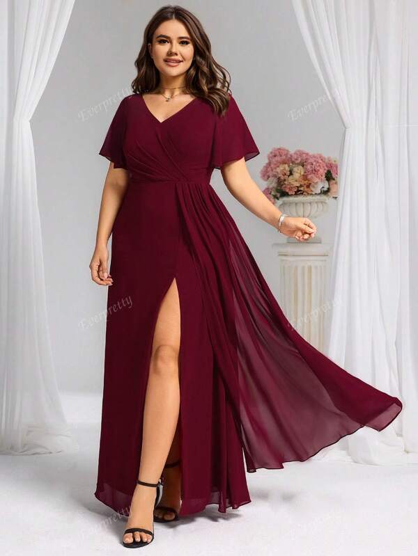 Plus Size Butterfly Sleeve V-Neck Pleated Formal Dress, Bridesmaid Dress For Summer Wedding Party