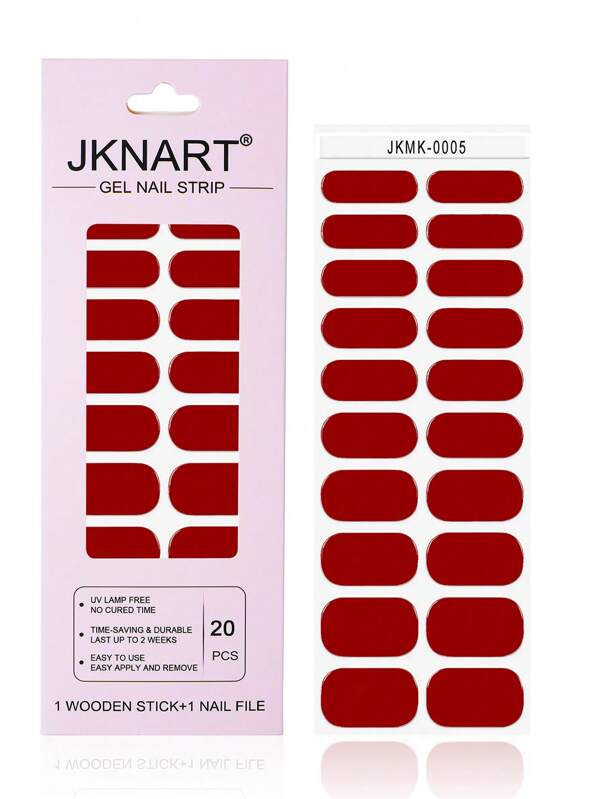 JKNART 20pcs Nail Stickers, No Need For Lamp Curing, Includes 1pc Nail File. 1pc Wooden Stick. Full Red Color Self-Adhesive Nail Art Stickers, DIY Manicure Stickers, Suitable For Daily And Party Nail Art, Easy To Apply And Remove