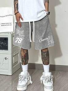 290g Washed Shorts Number 78 Summer Men's Retro Washed Casual Street Sports Shorts, Comfortable And Breathable, Suitable For Daily Wear, Adjustable Drawstring Waist Circumference, Elastic Waistband And Pocket - 灰色 - 查看 1