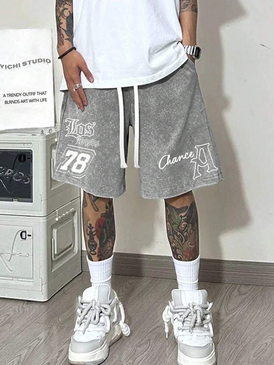 290g Washed Shorts Number 78 Summer Men's Retro Washed Casual Street Sports Shorts, Comfortable And Breathable, Suitable For Daily Wear, Adjustable Drawstring Waist Circumference, Elastic Waistband And Pocket - 灰色 - 查看 1