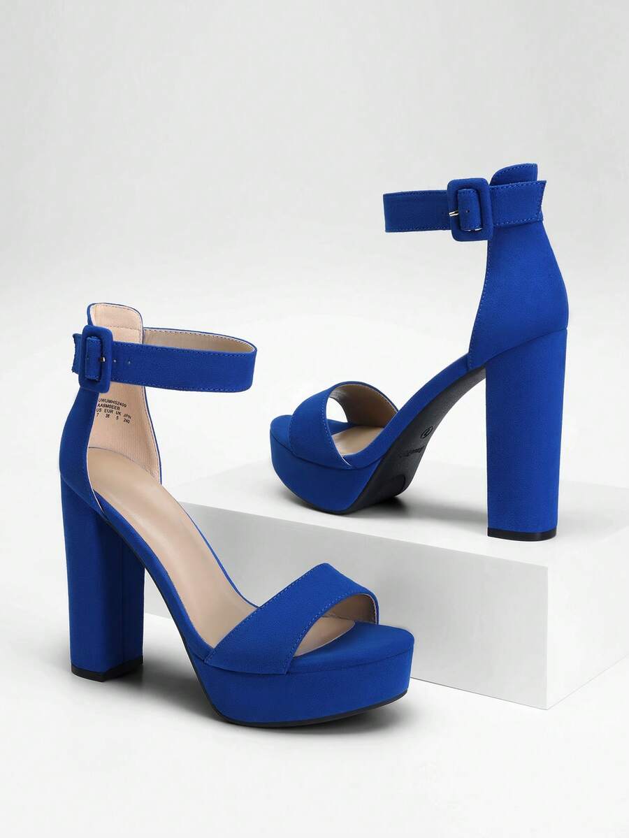 Women High Heel Chunky Block Platform Heels Buckle Decor Ankle Strap Open Toe Chunky Heeled Sandals, Perfect For Autumn Party, Wedding, Prom Night - Royal Blue - View 1