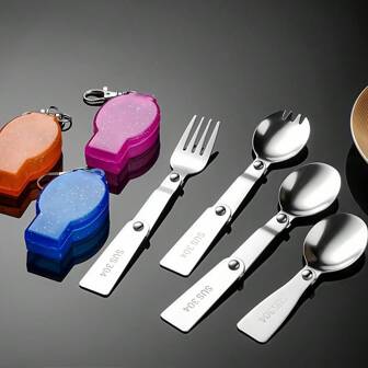 1 Set Portable Stainless Steel Folding Fork & Spoon, Outdoor Picnic Camping Travel Cutlery,School Supplies
