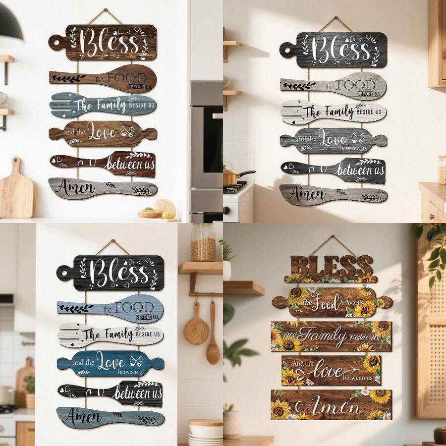 1 Set de Decoración de Pared de Madera: Bendice la Comida Antes de Nosotros - Decoración Artística de Pared de 6 Piezas de Madera Colgante con Cuerda para Comedor, Cosecha Festiva, Otoño, Año Nuevo y Decoración Navideña, Arte de Cocina Rústica de Granja