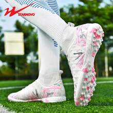 STARNOVO Authentic Dual Star Football Shoes, Fashionable High-Top Sports Football Shoes For Men And Women, Camouflage Rubber Sole, Stylish Elastic Knit Collar High-Top Design, Rich Color Matching, Suitable For Middle And Primary School Students Football Training And Matches, As Well As Daily Commute (Note: This Item Is Standard Size, It Is Recommended To Order 1 Size Smaller If Your Foot Is On The Slim Side, And 1 Size Larger If Your Foot Is On The Wide Side) - White - View 4