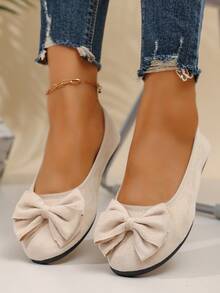 Women's Comfortable Stylish Bow - Embellished Closed - Toe Flat - Heel Casual Elegant Daily Wear Spring/Summer Beige Suede Ballet Flats - Beige - View 8