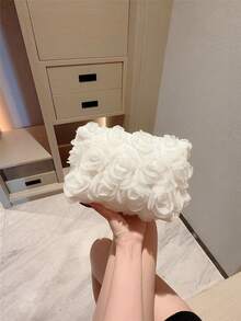 1 件优雅玫瑰花图案晚宴包、女士派对手提包、甜美珍珠手提单肩包、纯色水桶包、新娘手拿包（图案随机）、情人节礼物 - 白色 - 查看 3