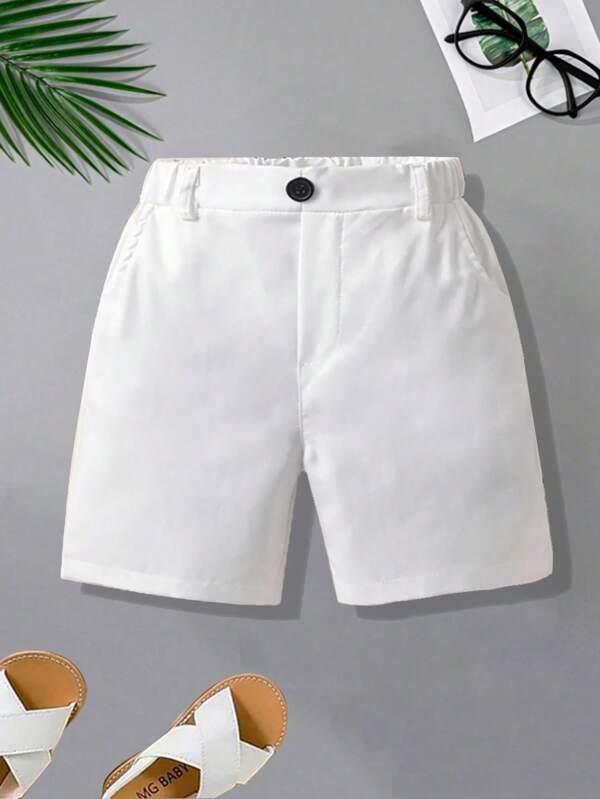 Boys' Solid Color Casual Shorts, Elastic Waist Pockets Sports Shorts, School Uniform