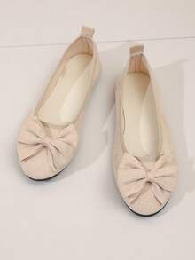 Women's Comfortable Stylish Bow - Embellished Closed - Toe Flat - Heel Casual Elegant Daily Wear Spring/Summer Beige Suede Ballet Flats - Beige - View 10