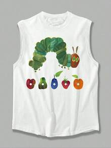 1pcs Hungry Caterpillar Printed Men's Tank Top Summer Casual Tank Top 100% Pure Cotton Ideal Choice For Summer Vacation - 白色 - 查看 4
