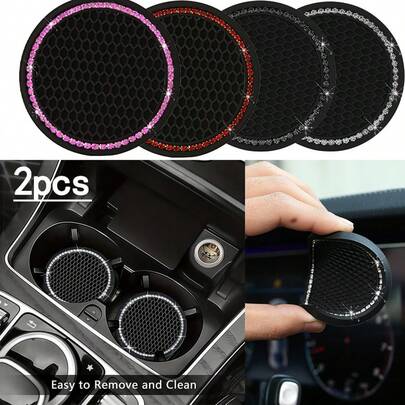 2pcs Multicolor Glitter Car Cup Holders, Universal Vehicle Cup Mat Coasters, 2.75 Inches Crystal Diamond Non-Slip Silicone Auto Accessories, Fits Most Car Interior