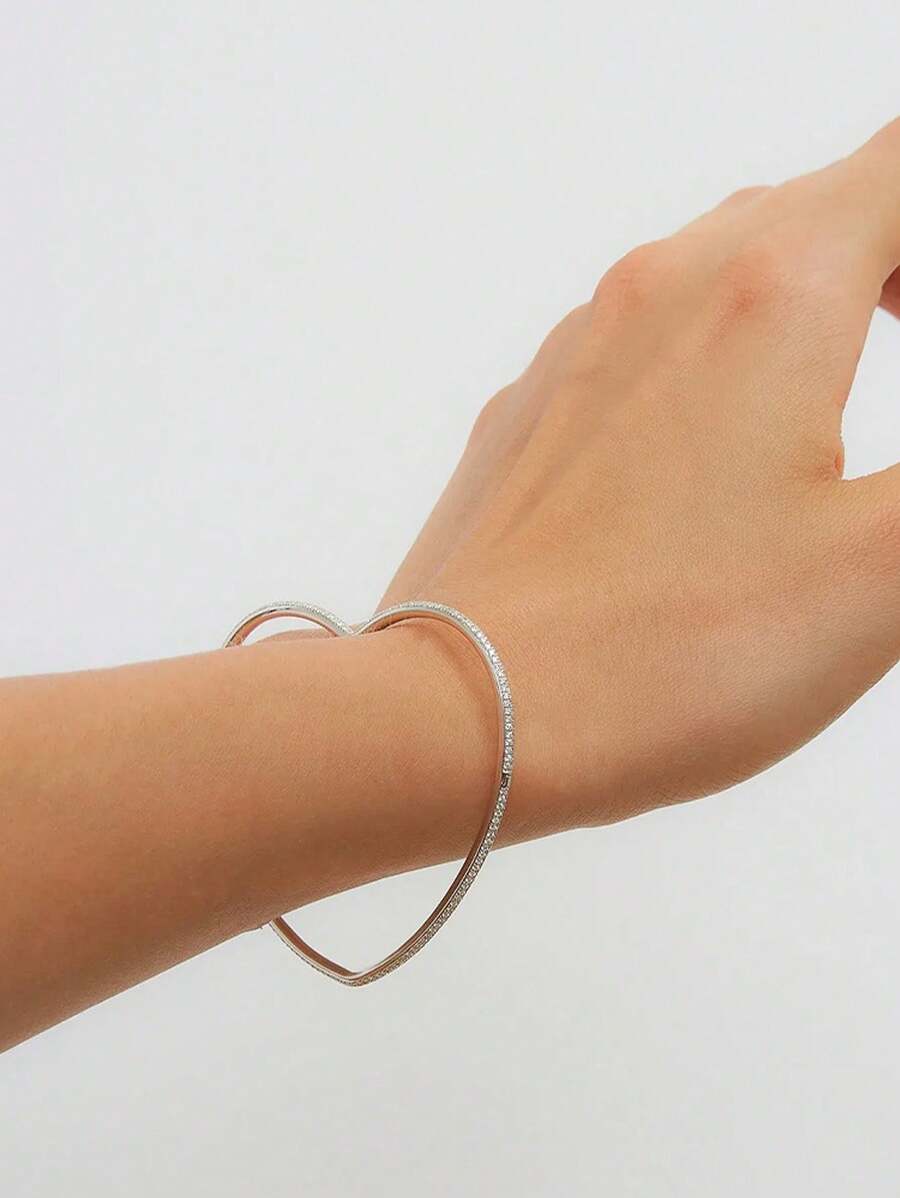 1pc Silver Oversized Rhinestone Decor Heart Bangle Bracelet, Fashion Beach Jewelry For Women