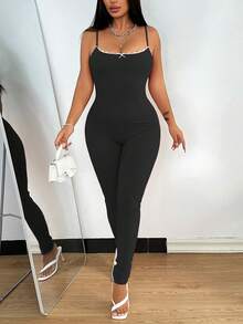 Street Style Lace Trim Bowknot Fitted Jumpsuit - Black - View 2