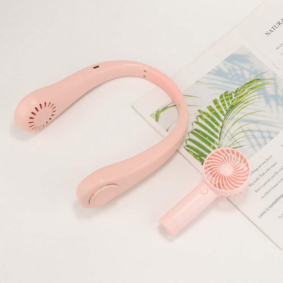 AOYI Portable Neck Fan & Hand Fan Kit, Rechargeable Wearable Personal USB Necklace Fan, Mini Handheld Fan 3-Speed, Essential For Summer Cooling, Suitable For Travel, Office, Home, Outdoor, Sports, Beach, Travel, Random Charging Port - Set - View 1