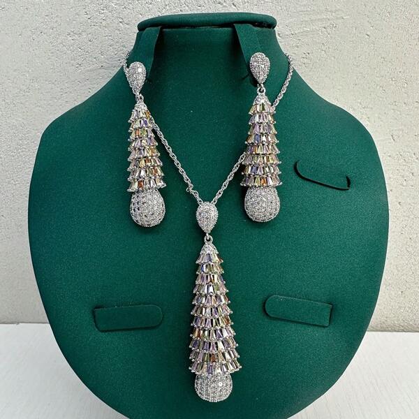 2 pièces Ensemble de collier de banquet de luxe et de boucles d'oreilles du Moyen-Orient de Dubaï pour femmes, parure de bijoux quotidiens de mariage de mariée d'Arabie Saoudite avec micro-incrustation de zirconium coloré