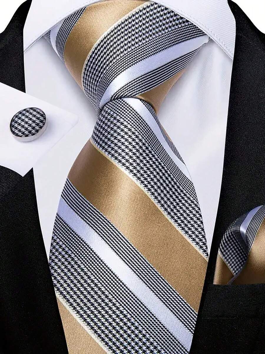 男士领带套装经典时尚领带套装带袖扣适合商务聚会 - 香檳色 - 查看 1