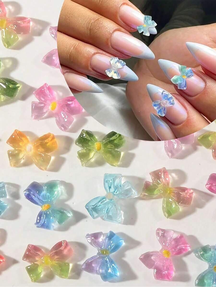 Y2K 风格全息透明蝴蝶结美甲饰品 50 件/包 - 女士可爱树脂指甲饰品 指甲装饰 - 粉色蓝色蝴蝶结美甲钉 - 彩色 - 查看 1