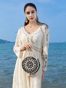 ENSPT Ein Stück braune, gefranste Beutelhandtasche, mit Kordelzug verschlossener gewebter Tasche mit Gras-Muster, Strandtasche für den Urlaub, eine runde Tasche aus kontrastierendem Ahornholz-Material mit abnehmbarer Innentasche, geeignet für Damen am Strand und im Resort, Perlenhandtasche, passend für Damen auf Strand- und Resort-Reisen