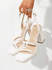 Women High Platform Chunky Heeled Sandals Fashionable Ankle Strap Square Toe Heeled Sandals Party Sandals Y2K Dress Shoes - 白色/淺色 - 查看 2