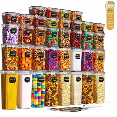 THELIFE 3/4/5/7/8/10/12/15/18/20/24/30/36 piezas Recipientes herméticos para almacenamiento de alimentos con tapas, recipientes de plástico para alimentos con tapas para organización y almacenamiento de la cocina y la despensa, recipientes para alimentos secos como espaguetis, harina, azúcar y cereales, suministros de cocina