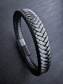 1 件扣男士 PU 皮革手链，钛钢朋克编织腕带圣诞新年情人节节日礼物