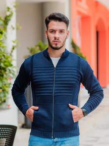 Men's Winter Coat Wool Knit Men's Jacket With Pocket And Zipper - Navy Blue - View 1
