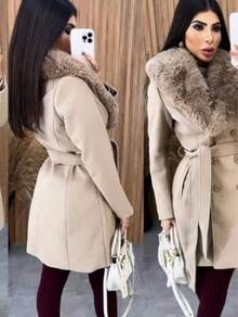 Women's Wool Coat With Fur Collar - 米色 - 查看 2