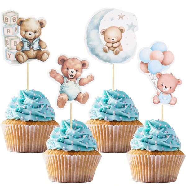 12pcs/24pcs Pink Blue Balloon Bear Cupcake Toppers For Shower Supplies Gender Reveal Decor Birthday Party Cake Decor