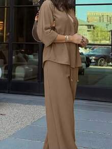 Women's Fashion Single-Breasted Lapel Drawstring Top & Elastic Waist Pants Set, Casual Solid Color Spring Elegant - Brown - View 7