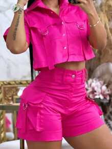 Polyester Casual Solid Color Shorts Set, Outdoor Women Woven Fabric 120g