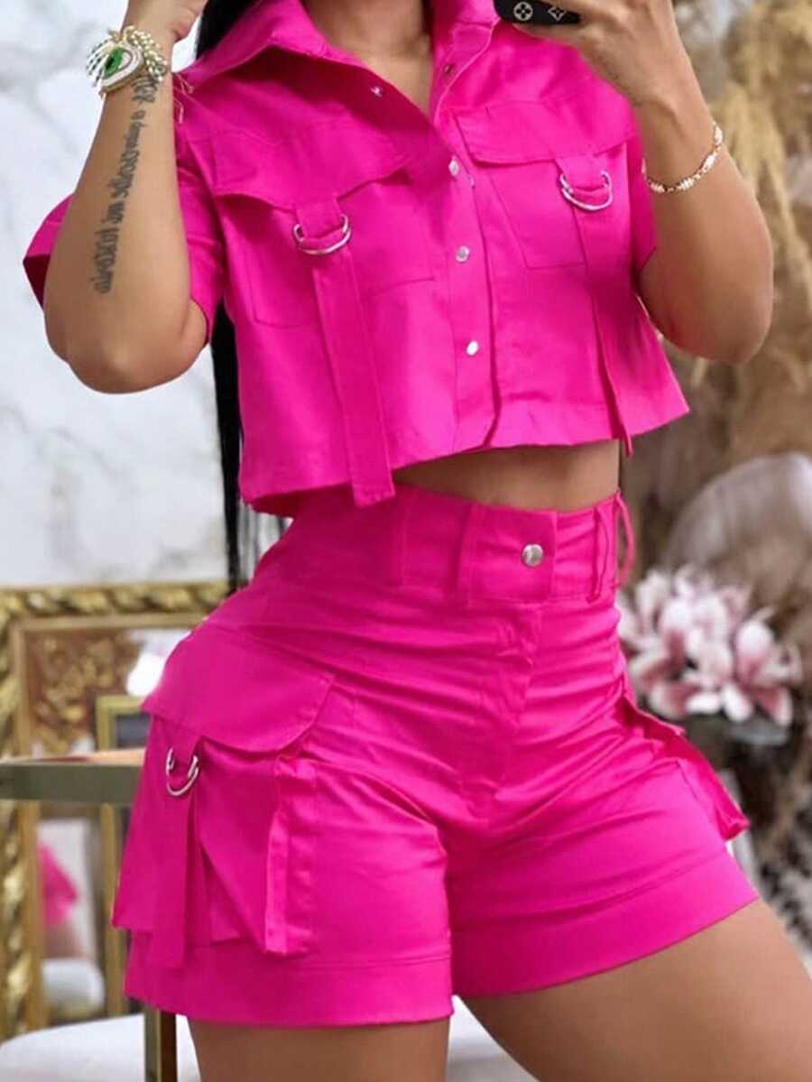 Polyester Casual Solid Color Shorts Set, Outdoor Women Woven Fabric 120g