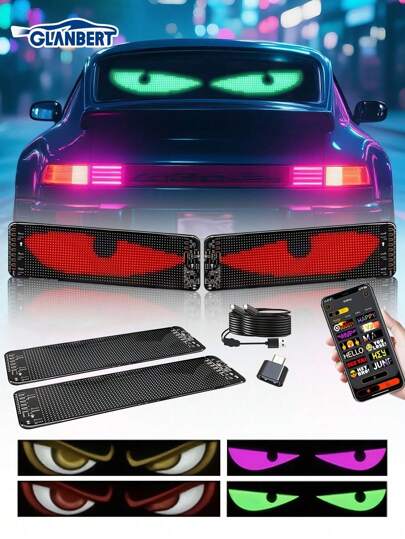 GLANBERT 2pcs-Pack Car LED Soft Screen Lights Multilingual Cars LED Matrix Pixel Panel Scrolling Advertising USB APP Truck Devil's Eye Signs Light No Battery