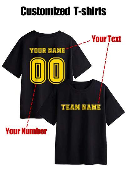 Camiseta deportiva personalizada, camiseta de mujer con patrón personalizado delantero y trasero, agrega tu texto (equipo/nombre/número/etiqueta, etc.), elige tu color y fuente favoritos, personaliza el patrón delantero y trasero, diseña tu camiseta impresa personalizada como regalo para tu novia, también se puede usar como camiseta deportiva, camisa de pareja, etc. Cómoda y casual, top de mujer, top impreso personalizado, camiseta de mujer de manga corta negra de verano, ropa de gimnasio