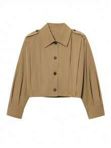 Chaqueta corta con bolsillos y botones para mujer, adecuada para usar en primavera y otoño. Nueva chaqueta cortavientos casual de otoño para mujer - Camel - Ver 7