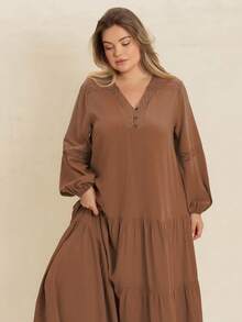 Rusttydustty Đầm ren đỏ cổ chữ V tay dài dáng rộng cỡ lớn mùa xuân hè 2025, thích hợp cho đám cưới, tiệc tối, kỳ nghỉ biển, lễ hội âm nhạc, thanh lịch. - màu nâu - Xem 7