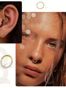 1 pieza Aro de septum con bisagra y circonita, 16G acero inoxidable hipoalergénico negro de 8mm para cartílago helix; Arete de daith de 6mm chapado en oro de 18K; Juego de joyería para perforaciones en concha, trágus, lóbulo, orejas de 10mm, cejas/ombligo; Decoración de joyería para perforación corporal para mujeres y hombres