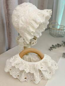 1pc Infant & Toddler Girls' Beige Lace Elegant Bib & Hat Set, Suitable For Everyday Outdoor Wear