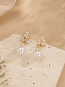 1Pair Gorgeous Gold - Plated Pearl & Cubic Zirconia Drop Earrings - Ideal For Daily Wear, Banquets, Gatherings, Weddings - Bridal Pearl Earrings