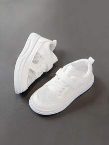 Breathable Kids Canvas Shoes, Thick Sole Girls Sport Shoes, Mid-Large Children Mesh Sneakers, Comfortable Hook-And-Loop Boys White Shoes For School Students Babies Running - White - View 3